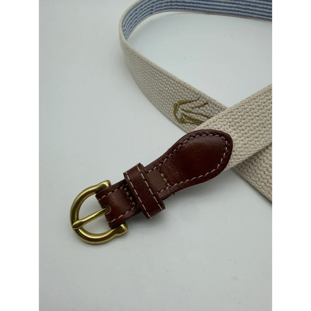Mens Canvas Seersucker Lined Surcingle Belt Brown Leather Cream Blue 38 97